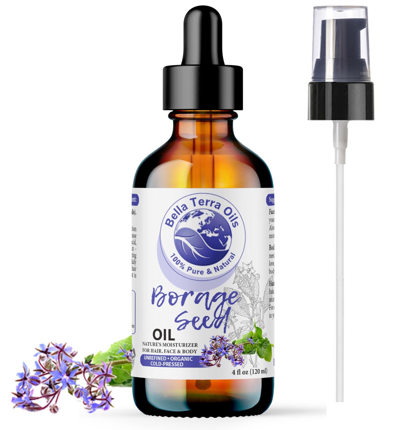 Bella Terra Oils - Organic Borage Seed Oil 4oz - Full of GLA, Embrace The Essence of Pure Organic Borage, Rich in Vitamins A &amp; C, A Natural Boost for Skin&#39;s Vitality