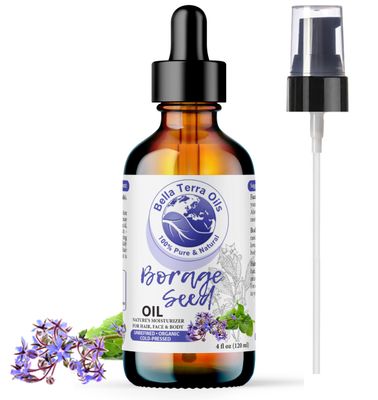 Bella Terra Oils - Organic Borage Seed Oil 4oz - Full of GLA, Embrace The Essence of Pure Organic Borage, Rich in Vitamins A &amp; C, A Natural Boost for Skin&#39;s Vitality
