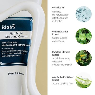 DearKlairs Rich Moist Soothing Cream 80ml, Sensitive Skin, Hypoallergenic, Centella Asiatica, Ceremide, Moisturizer, Full Hydration, Non-sticky texture, K-beauty