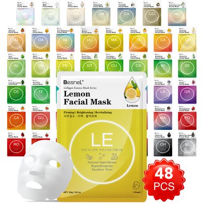 BESNEL 48 Packs Collagen Sheet Facial Masks,Plant Extract and Sodium Hyaluronate,Effective Care for All Skin Types,Skincare Spa Korean Face Mask