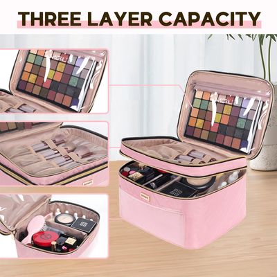 BAFAMYE 8.8L Double Layer Travel Makeup Bag Women, Large Cosmetic Case, Organizer for Travel-Size Accessories Bottles, Brushes, and Skin Care Products, Pink 2.33 GAL