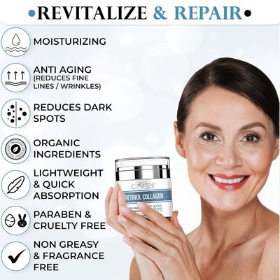 Anti Aging Retinol Collagen Face Moisturizer Cream for Women, Includes Hyaluronic Acid, Vitamin E &amp; B5, Jojoba Oil and Green Tea, Hydrating Night Face Cream, Fragrance Free 1.7 fl Oz (Made in USA)