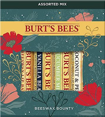 Burts Bees Holiday Gift, 4 Lip Balm Stocking Stuffer Products, Beeswax Bounty Assorted Set - Original Beeswax, Vanilla Bean, Cucumber Mint &amp; Coconut Pear (Old Verison)