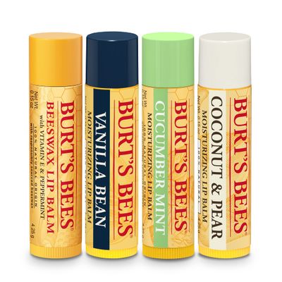 Burts Bees Holiday Gift, 4 Lip Balm Stocking Stuffer Products, Beeswax Bounty Assorted Set - Original Beeswax, Vanilla Bean, Cucumber Mint &amp; Coconut Pear (Old Verison)