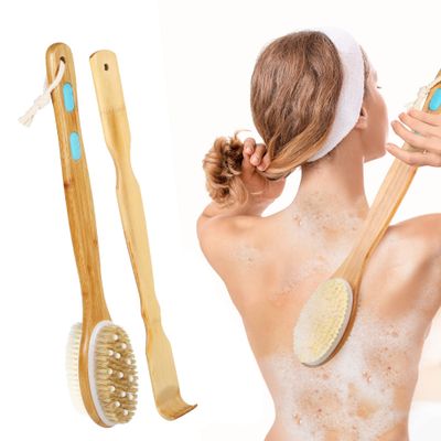 Body Shower Brush and Back Scratcher Set, Back Brush with Soft and Stiff Bristles, Exfoliating Skin and A Soft Scrub, Double-Sided Brush Head for Wet or Dry Brushing,Long Handle Cleans The Body Easily