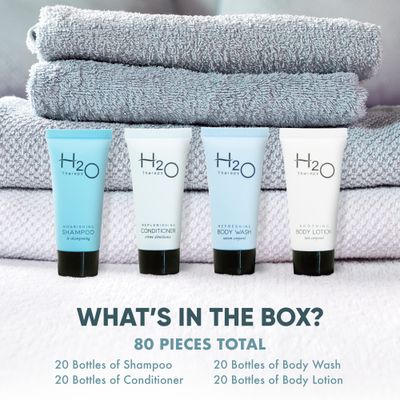 H2O Therapy Hotel Soaps and Toiletries Bulk Set | 1-Shoppe All-In-Kit Amenities for Hotels | .85oz Hotel Shampoo &amp; Conditioner, Body Wash &amp; Body Lotion Travel Size | 80 Pieces