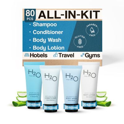 H2O Therapy Hotel Soaps and Toiletries Bulk Set | 1-Shoppe All-In-Kit Amenities for Hotels | .85oz Hotel Shampoo &amp; Conditioner, Body Wash &amp; Body Lotion Travel Size | 80 Pieces