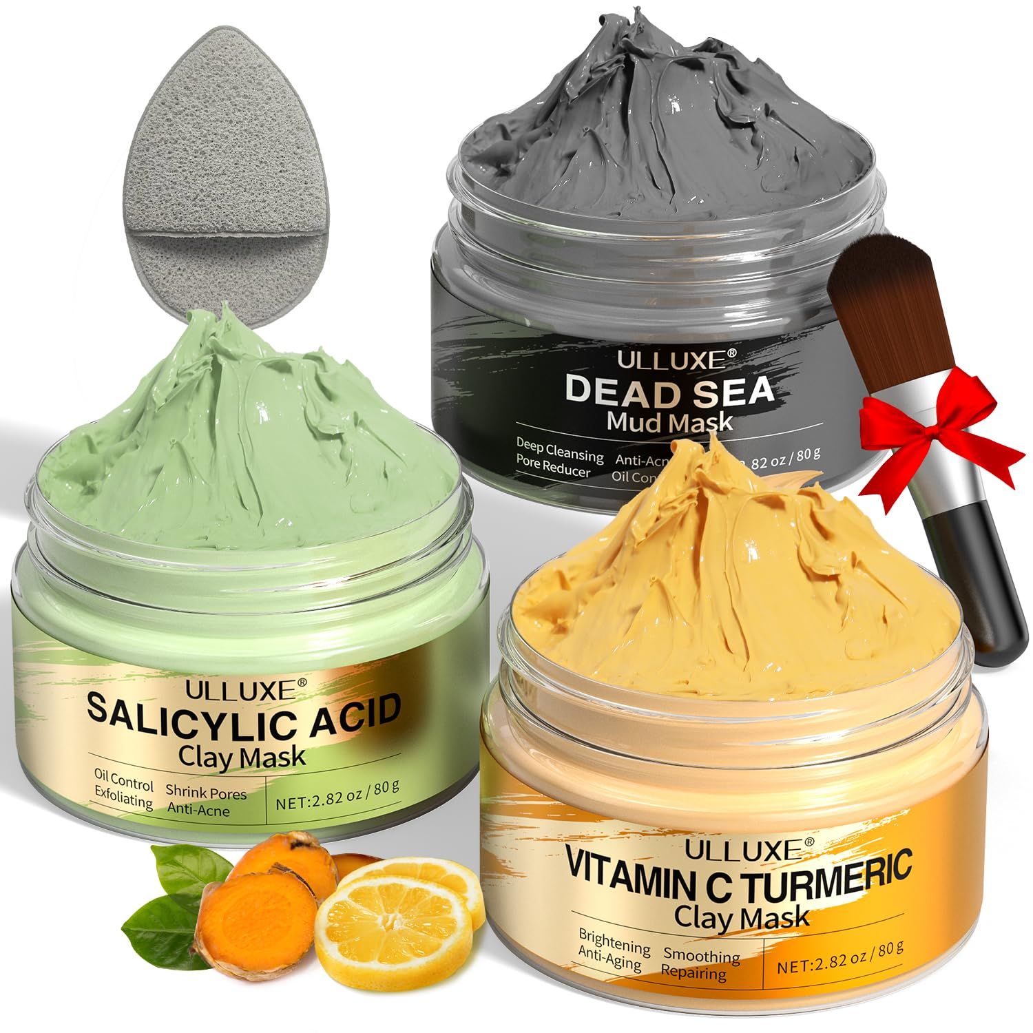 Facial Clay Mask Set - Vitamin C Turmeric Clay Mask, Dead Sea Mud and Salicylic Acid Mask for Pores Cleansing, Blackheads, Dark Spots, and Brightening, Valentines Day Gift for Her, Face Masks Skincare