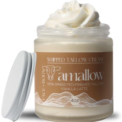 Amallow 100% Grass Fed Beef Tallow for Skin Care - Face + Body - Whipped Moisturizer - Natural Lotion, 4 FL. oz. (Vanilla Latte)