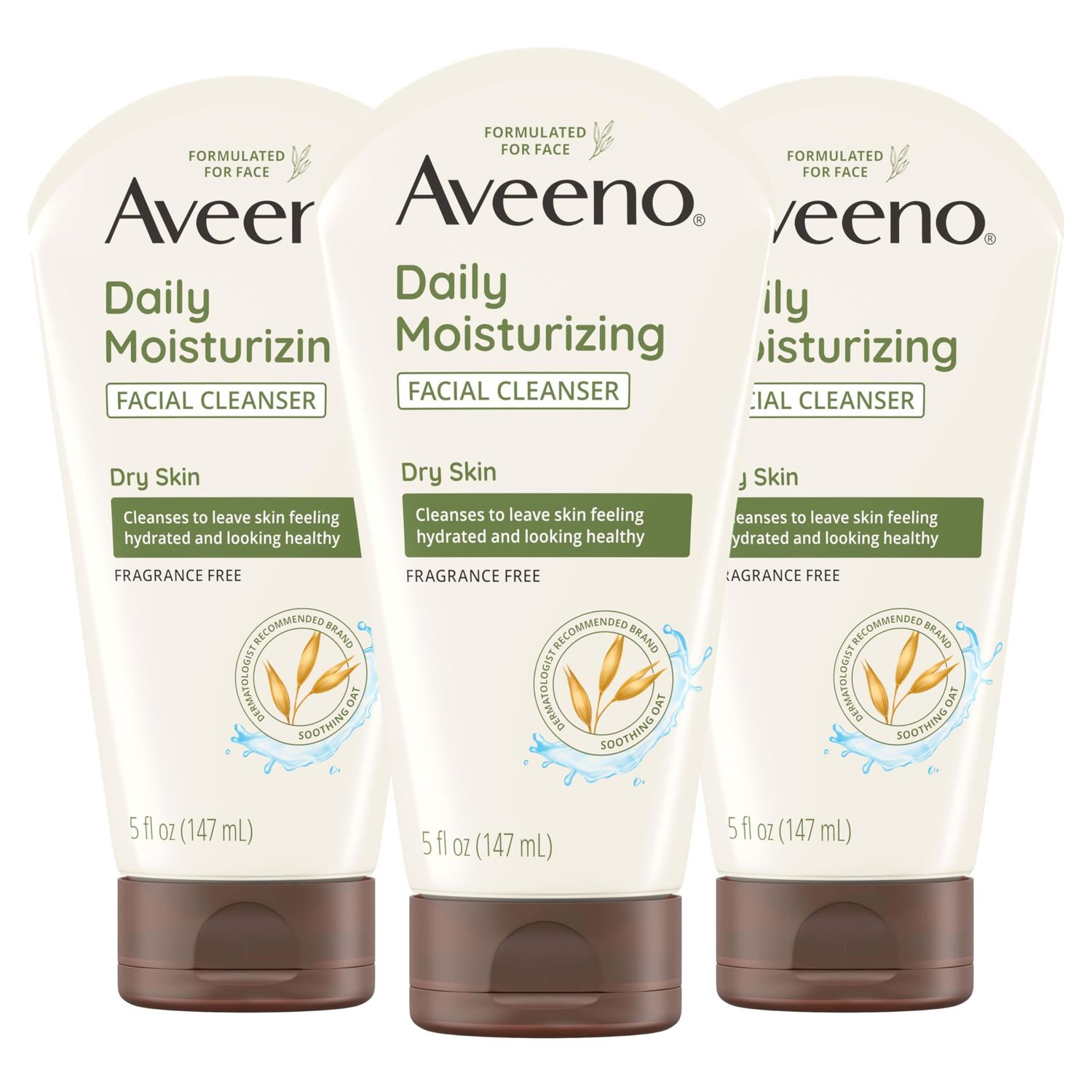 Aveeno Daily Moisturizing Facial Cleanser for Dry Skin, Hydrating Acne Face Wash with Soothing Oat for soft &amp; Supple Skin, Free of Parabens, Sulfates, Fragrance, Dyes &amp; Soaps, 5 fl. oz, 3 Pack