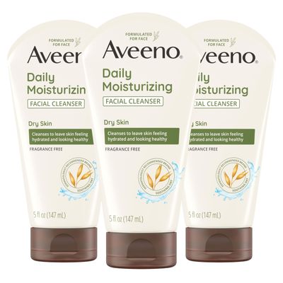 Aveeno Daily Moisturizing Facial Cleanser for Dry Skin, Hydrating Acne Face Wash with Soothing Oat for soft &amp; Supple Skin, Free of Parabens, Sulfates, Fragrance, Dyes &amp; Soaps, 5 fl. oz, 3 Pack