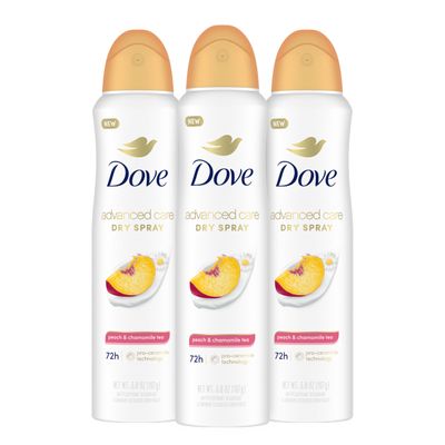 Dove Advanced Care Antiperspirant Deodorant Dry Spray Peach &amp; Chamomile Tea 3ct underarm care boosts skin&#39;s ceramide levels 72hour odor control &amp;all-day sweat protection ProCeramide technology 3.8 oz