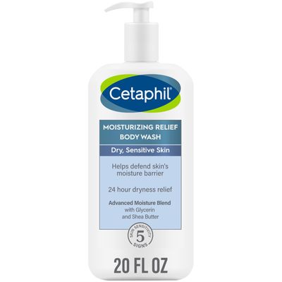 Cetaphil Body Wash, Moisturizing Relief Body Wash for Sensitive Skin, Creamy Rich Formula Gently Cleanses and Gives 24 Hour Relief to Dry Skin, Hypoallergenic, Fragrance Free, 20 oz