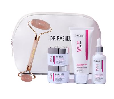 Dr Rashel Fade Spots Skin Care Gift Set (4pcs), Including Fade Spots Face Serum, Fade Spots Day &amp; Night Cream &amp; Cleanser + 1 Pcs Rose Quartz Face Jade Roller &amp; Makeup Pouch