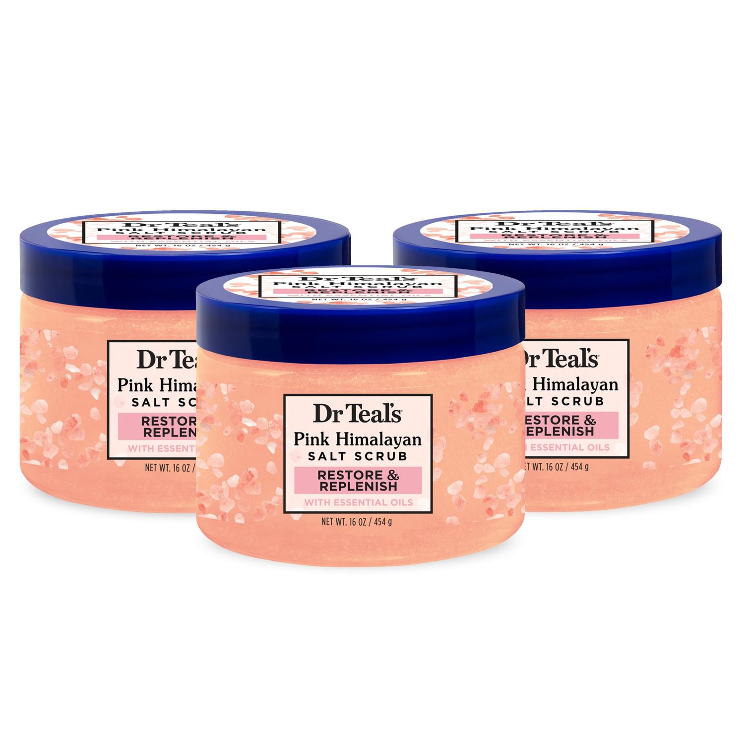 Dr Teal&#39;s Pink Himalayan Salt Body Scrub, Restore &amp; Replenish with Pure Epsom Salt &amp; Essential Oils, 16 oz (Pack of 3)