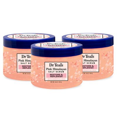 Dr Teal&#39;s Pink Himalayan Salt Body Scrub, Restore &amp; Replenish with Pure Epsom Salt &amp; Essential Oils, 16 oz (Pack of 3)