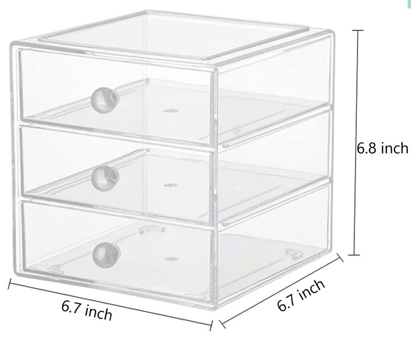 AJIODA Makeup Drawer Organizer Box with 3 Drawers, Acrylic Cosmetic Display Case Vanity Organizer Jewelry Storage Box Stackable Storage for Cosmetics, Skin Care, Bathroom, Countertop, Clear
