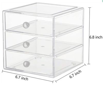 AJIODA Makeup Drawer Organizer Box with 3 Drawers, Acrylic Cosmetic Display Case Vanity Organizer Jewelry Storage Box Stackable Storage for Cosmetics, Skin Care, Bathroom, Countertop, Clear