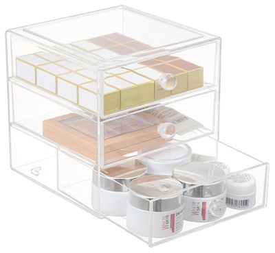 AJIODA Makeup Drawer Organizer Box with 3 Drawers, Acrylic Cosmetic Display Case Vanity Organizer Jewelry Storage Box Stackable Storage for Cosmetics, Skin Care, Bathroom, Countertop, Clear
