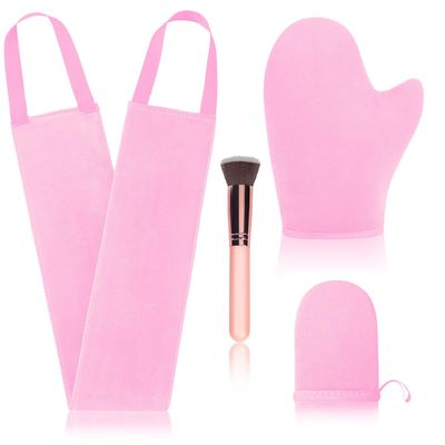 4 Pcs Self Tanner Mitt Applicator Kit - Self Tanning Mitt Glove,Self Tanner Back Applicator,Mini Face Tanner Mitt,Face Tanner Brush Soft Streak-Free Reusable &amp; Washable for Women Girl Men (Pink)
