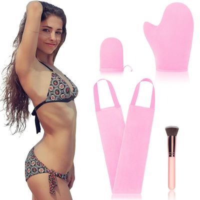 4 Pcs Self Tanner Mitt Applicator Kit - Self Tanning Mitt Glove,Self Tanner Back Applicator,Mini Face Tanner Mitt,Face Tanner Brush Soft Streak-Free Reusable & Washable for Women Girl Men (Pink)