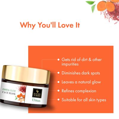 Good Vibes Ubtan Insta Glow Face Mask | with Turmeric &amp; Saffron | Unclog Pores | Removes Dirt &amp; Impurities | Enhances Natural Glow | 1.76 Oz/50g