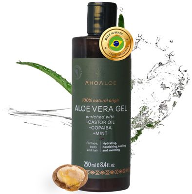 AHOALOE Brazilian Aloe Vera Gel - Multipurpose Moisturizing Natural Gel with Copaiba, Castor Oil and Fresh Mint and Natural for Face, Skin and Hair - After Sun Care, Sunburn Relief 8.4oz