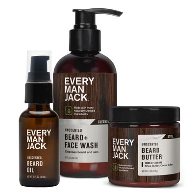 Every Man Jack Unscented Beard Bundle - Fragrance Free for Sensitive Skin - Contains (1) each of Beard &amp; Face Wash, Beard Butter, and Beard Oil