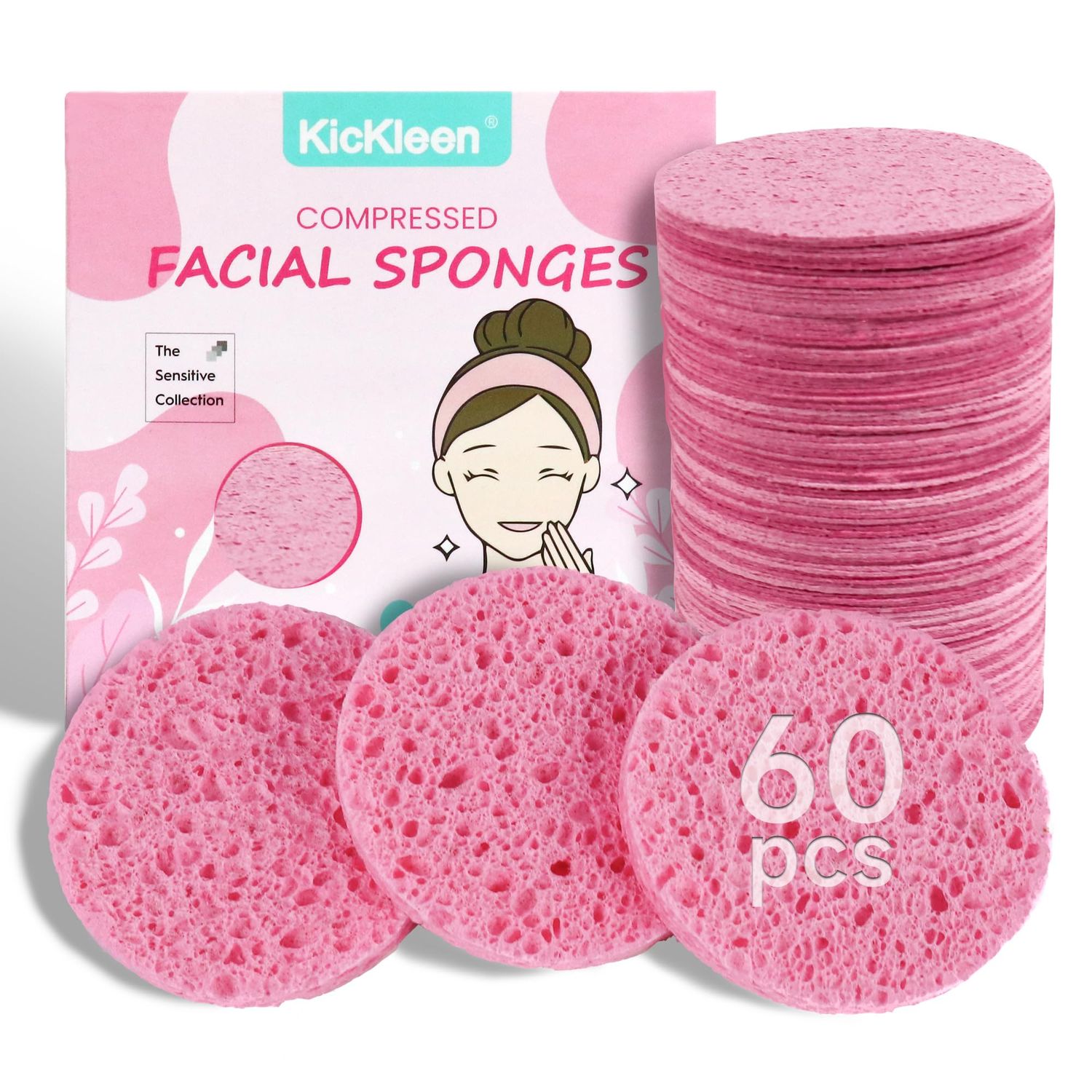 60-Count Compressed Facial Sponges|100% Natural Kickleen Cellulose Cosmetic Spa Sponges for Daily Facial Cleansing|Makeup and Mask Removal | Exfoliating | Skin Massage | Pore Exfoliation(Pink)