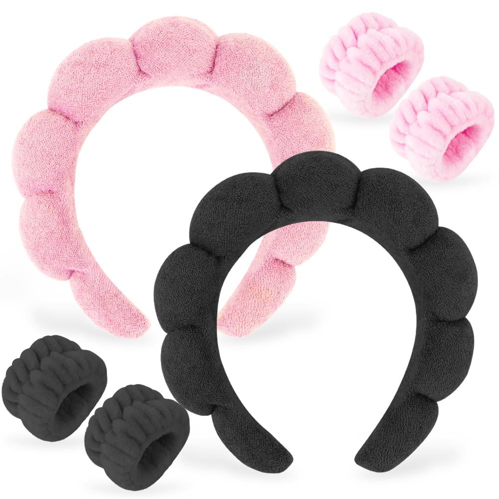 AHONEY 2 Set Spa Headbands for Washing Face and Wristband Set, Skin Care Headband Sponge Facial Skincare Headbands Terry Cloth Puffy Makeup Accessories for Women Girls (Black&amp;Pink)