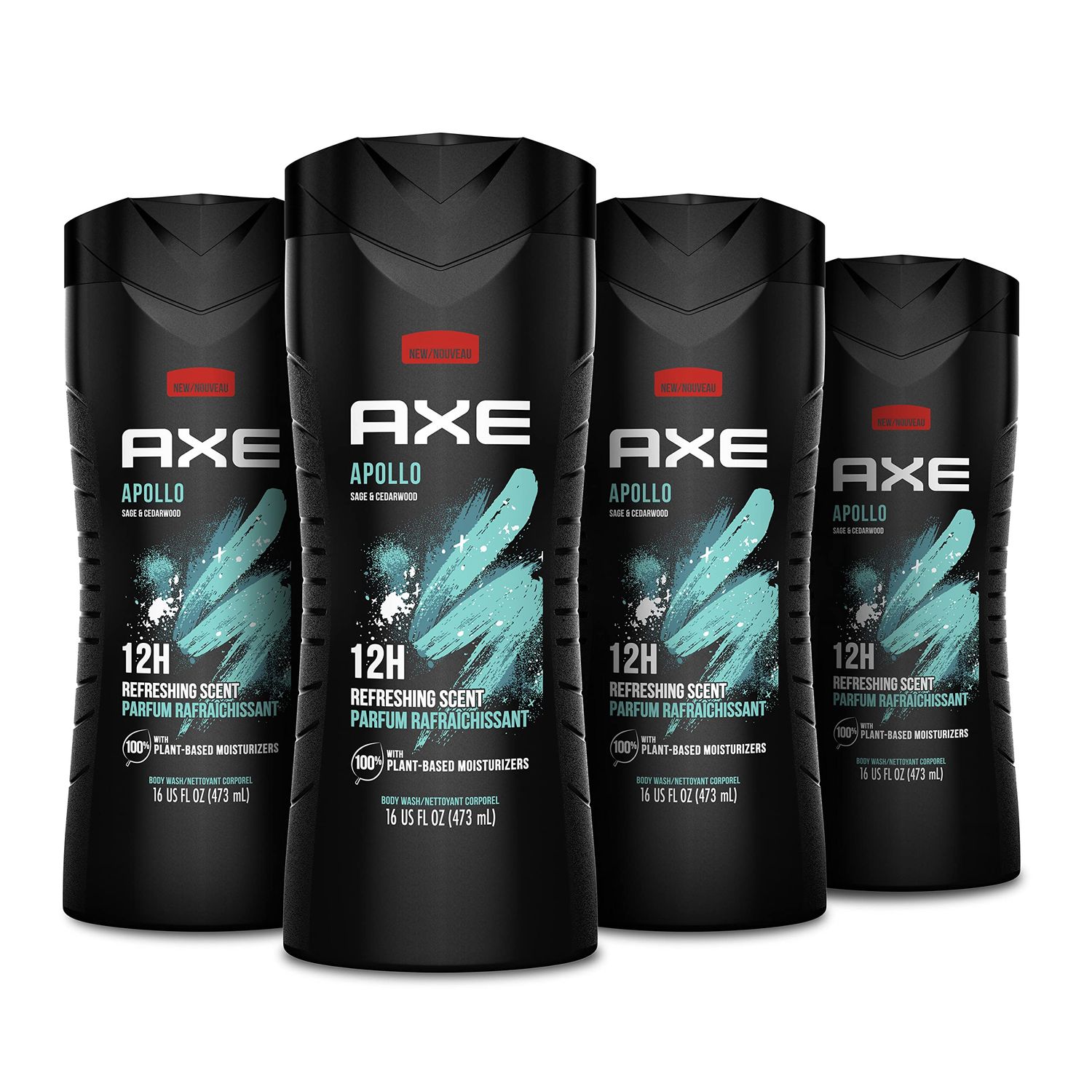 AXE Body Wash Apollo 4 Count for Long Lasting Freshness Sage &amp; Cedarwood Men&#39;s Body Wash with Odor-Busting Prebiotics 16 oz