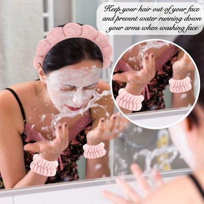 AHONEY 2 Set Spa Headbands for Washing Face and Wristband Set, Skin Care Headband Sponge Facial Skincare Headbands Terry Cloth Puffy Makeup Accessories for Women Girls (Black&amp;Pink)