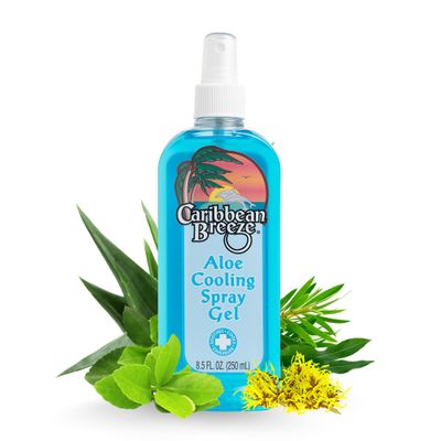 Caribbean Breeze Aloe Cooling Spray Gel, Mango Lime Aloe Vera Gel for Sunburn Relief Spray, Vitamin Enriched with Camellia &amp; Tea Tree, 8.5 oz (250 ml)
