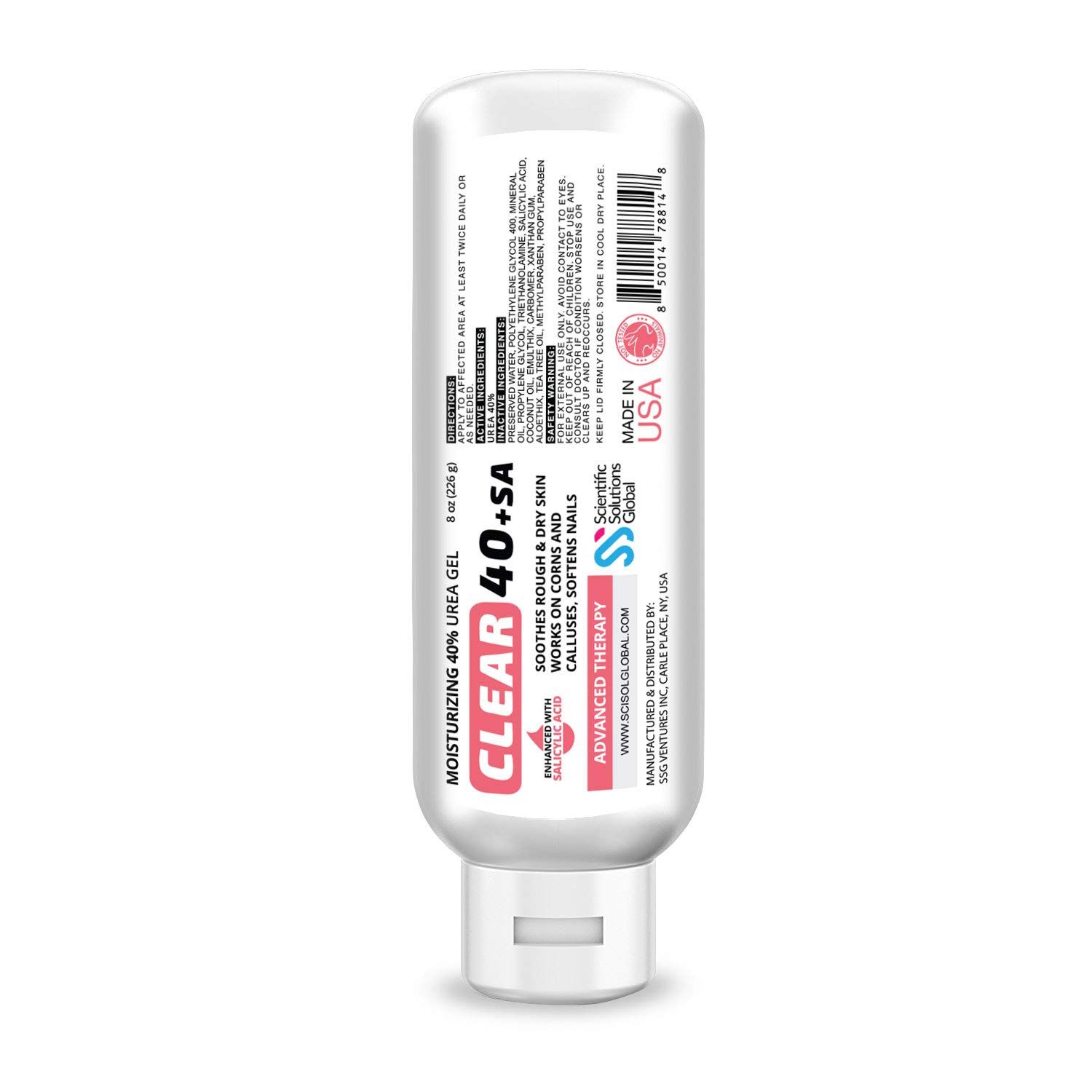 CLEAR Urea Cream 40% +2% Salicylic Acid (8oz) | Softens Cracked Heels &amp; Dry Skin Urea Salicylic Acid Cream- Tea Tree &amp; Coconut Oil | Salicylic Acid Foot Cream for Callus &amp; Corn Treatment | Made in USA