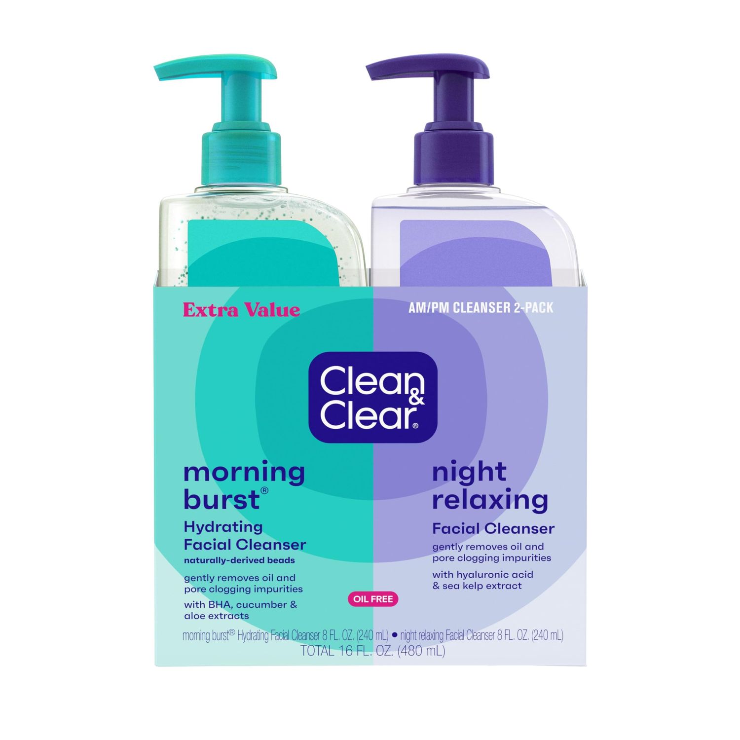 Clean &amp; Clear 2-Pack Day &amp; Night Daily Face Cleansers, Morning Burst Hydrating Facial Cleanser &amp; Night Relaxing Deep Cleansing Face Wash, Oil-Free &amp; Won&#39;t Clog Pores, 2 x 8 fl. oz