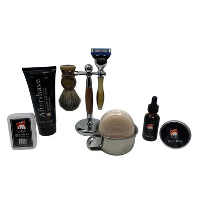 G.B.S Mens Complete Shaving Set, Brush Razor Holder, Beard Oil Beard Balm, Shaving Soap, Aftershave Pure Badger Shave Brush and Manual Razor with Horn Handle
