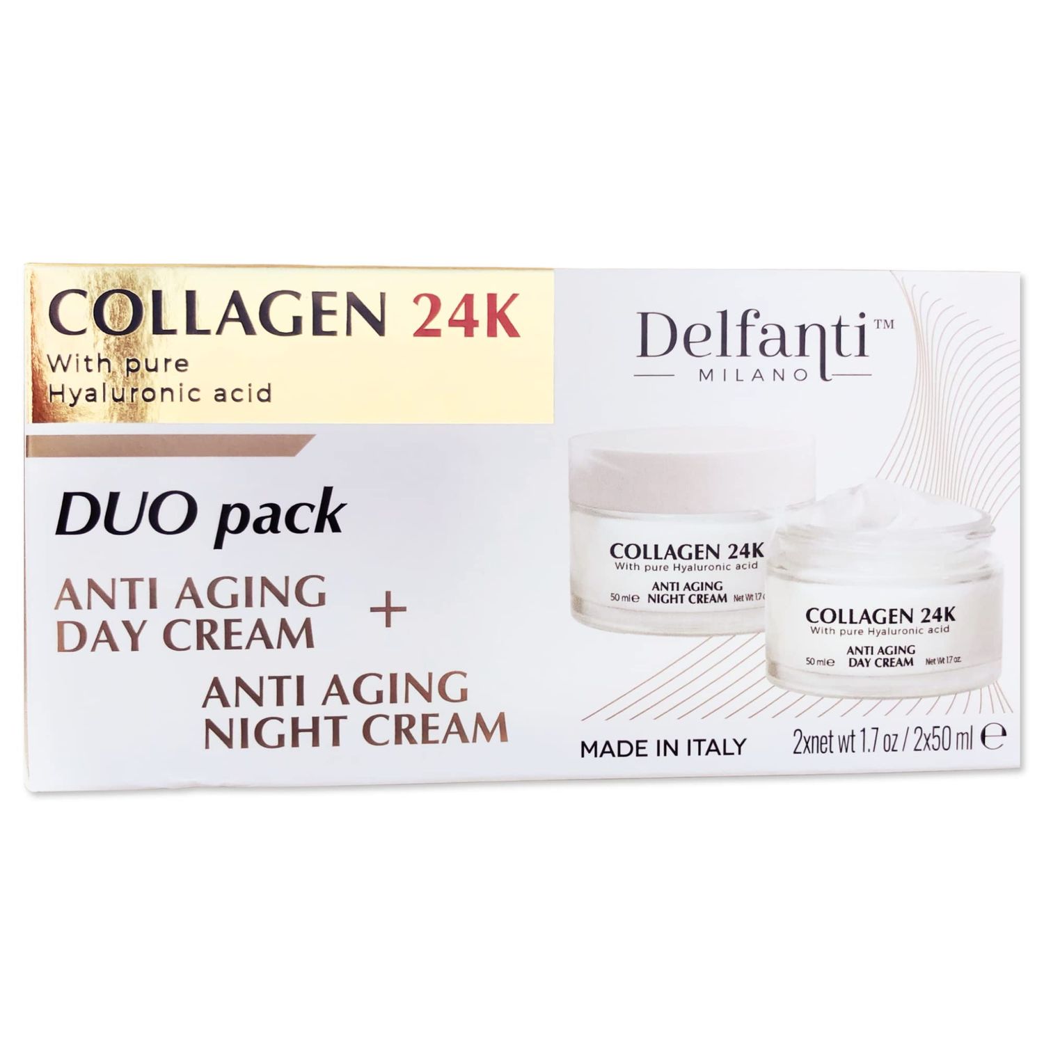 Delfanti  COLLAGEN 24K  Anti-Aging DUO pack  Day Cream jar PLUS Night Cream jar Face, Neck and Dcollet Moisturizers with pure Hyaluronic Acid  Made in Italy
