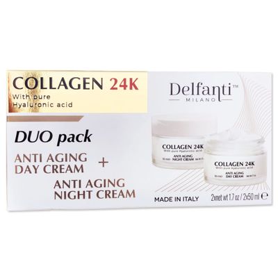 Delfanti  COLLAGEN 24K  Anti-Aging DUO pack  Day Cream jar PLUS Night Cream jar Face, Neck and Dcollet Moisturizers with pure Hyaluronic Acid  Made in Italy