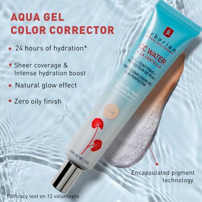 Erborian CC Water with Hyaluronic Acid, Caramel - Ultra-Light Aqua Gel Color Corrector with Centella Asiatica & Hyaluronic Acid - Plump, Soft & Hydrated Skin - Korean Skincare Skin Perfector - 0.5 Oz