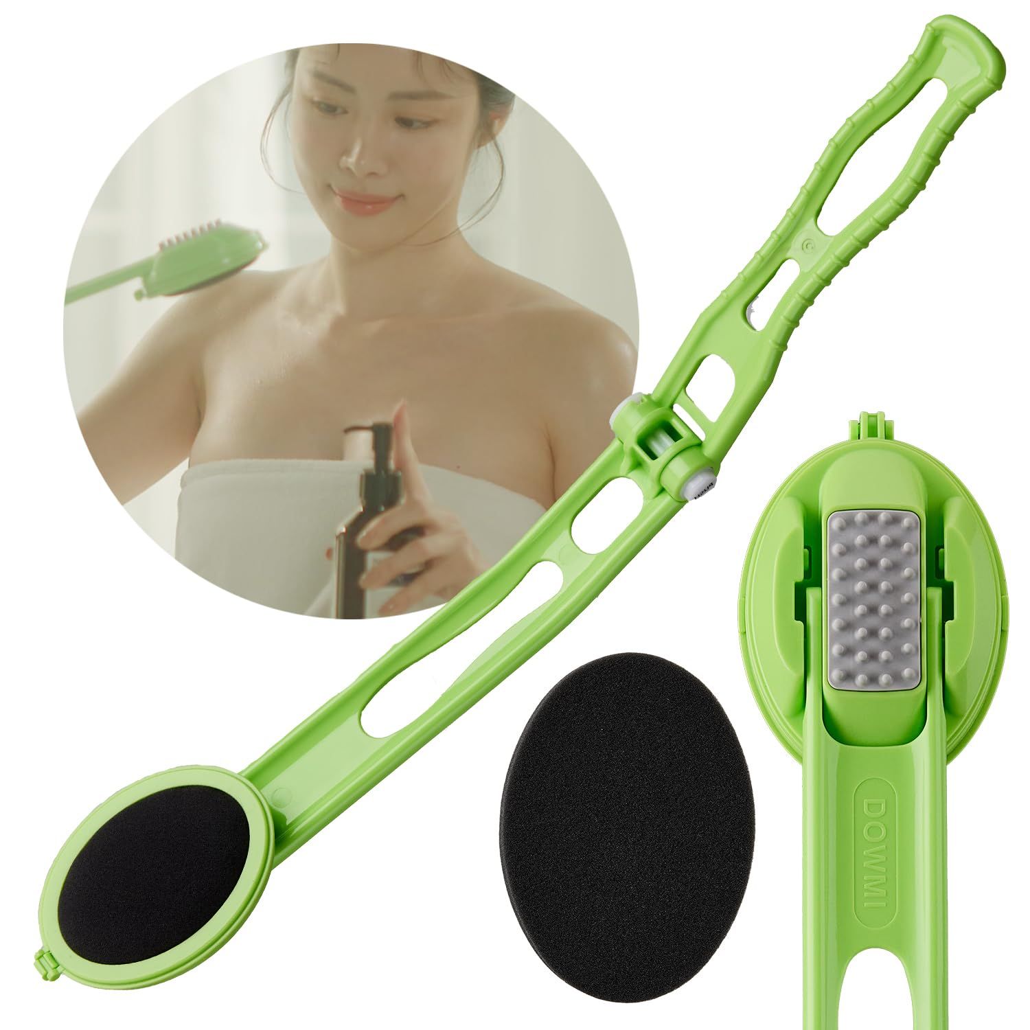 DOWMI Body Oil Applicator (2nd gen) - 19&quot; Foldable Long Curved Handle, with Replaceable Brush Head, Spill Prevention Non-Toxic Washable Foam Pad - Perfect for Tanning and Body Oils, Includes 2 Pads