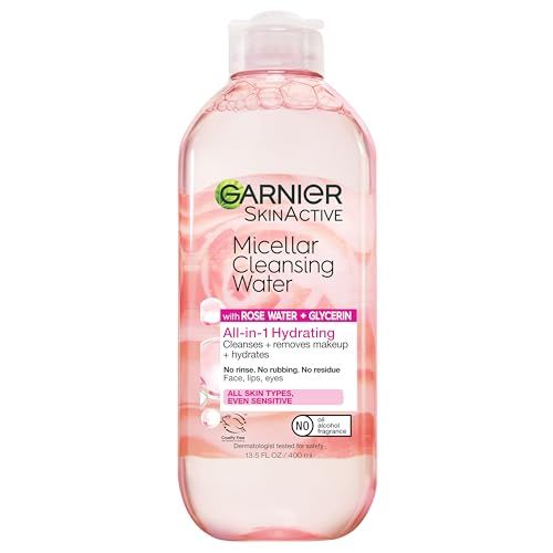 Garnier Micellar Water with Rose Water and Glycerin, Hydrating Facial Cleanser &amp; Makeup Remover, For All Skin Types, Vegan, Cruelty Free, 13.5 Fl Oz (400mL), 1 Count