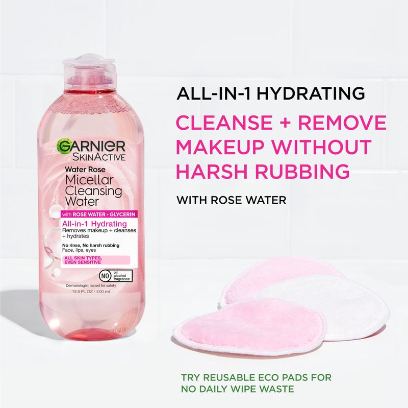 Garnier Micellar Water with Rose Water and Glycerin, Hydrating Facial Cleanser &amp; Makeup Remover, For All Skin Types, Vegan, Cruelty Free, 13.5 Fl Oz (400mL), 1 Count