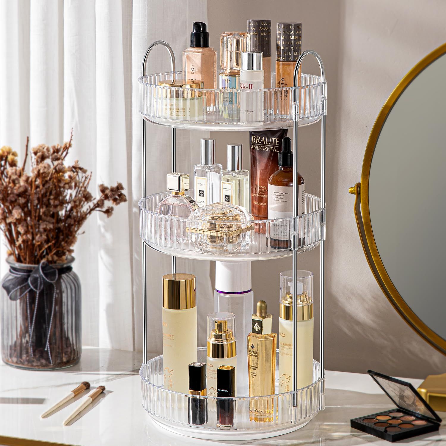 ALUYUYO 360 Rotating Makeup Organizer for Vanity, Spinning Cosmetics Organizer Holder Rack, Large Capacity Bathroom Organizer Countertop, Fits Perfume, SkinCare, Makeup Brushes(3 Tiers, Transparent)