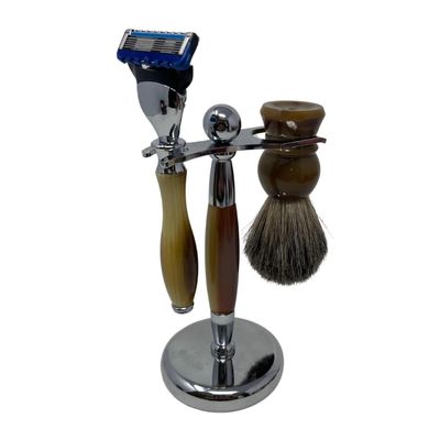 G.B.S Mens Complete Shaving Set, Brush Razor Holder, Beard Oil Beard Balm, Shaving Soap, Aftershave Pure Badger Shave Brush and Manual Razor with Horn Handle