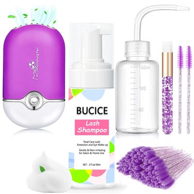 BUCICE Lash Shampoo Kit - Eyelash Extension Cleaning Set with Lash Fan Dryer and Cleanser - Makeup Cleansing Foams for Lash Care and Aftercare, Purple