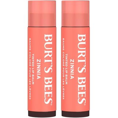 Burt&#39;s Bees Lip Tint Balm Stocking Stuffers Gifts, Long Lasting 2 in 1 Duo Tinted Balm Formula, Color Infused with Hydrating Shea Butter for a Natural Looking Buildable Finish, Zinnia (2-Pack)