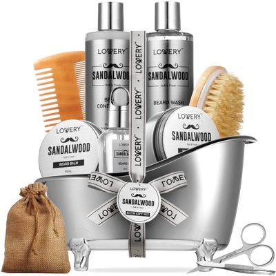 Christmas Mens Gifts, Sandalwood Beard Grooming Kit, Mens Grooming Kit for Boyfriend Dad, Him, 11pc Beard Straightener for Men Beard Care, Beard Growth and Trimming Gift, Beard Wash Growth Oil &amp; More