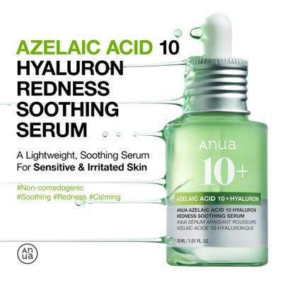 Anua Azelaic Acid 10 Hyaluron Redness Soothing Serum, Facial Serum for Sensitive skin, Hyaluronic Acid, Niacinamide, Spot Care, Natural Color, Vegan, Korean Skincare (30ml/ 1.01 fl oz.)