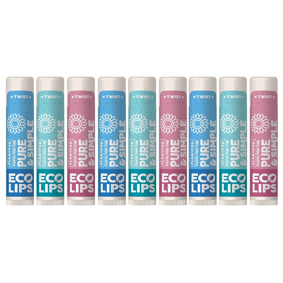 Eco Lips - Pure &amp; Simple Raspberry, Coconut and Vanilla Organic Lip Balm 9-Pack (0.15 oz.) - 100% Natural. 100% Plastic-Free Plant Pod Packaging. Made in USA