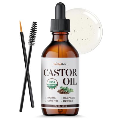 BodyJ4You Organic Castor Oil - Pure 100% USDA Certified Cold Pressed - Natural Hair Growth Eyelashes Eyebrows Veganic - Rich Hydration Healthy Skin Moisturizer Lash Serum Brow - 2 Fl Oz